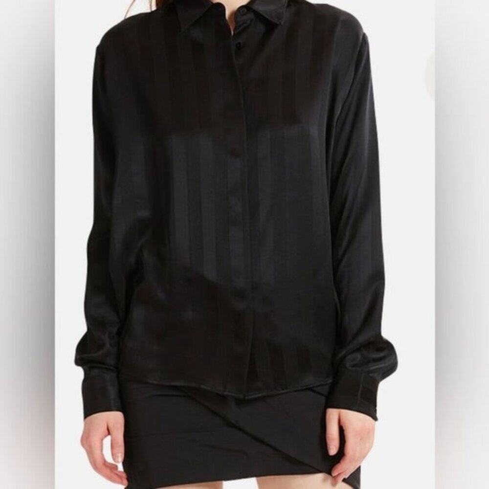 RTA Shirt Women's XS Brady Shirt Sultry Stripes Sophiscated Simple Black Silk